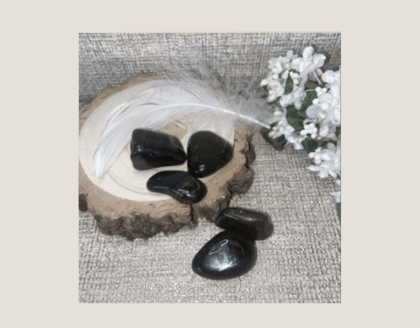 Blue Tiger’s Eye crystals on a wooden display with a white feather and flower, showing natural blue-gold banding.